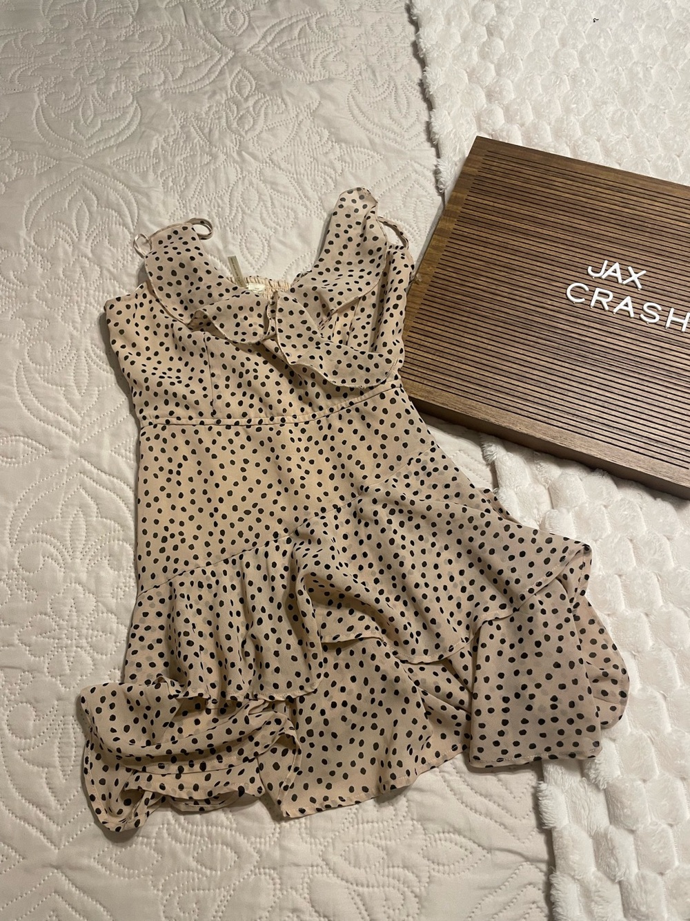 Japna Beige Polka Dot Ruffle Mini Dress